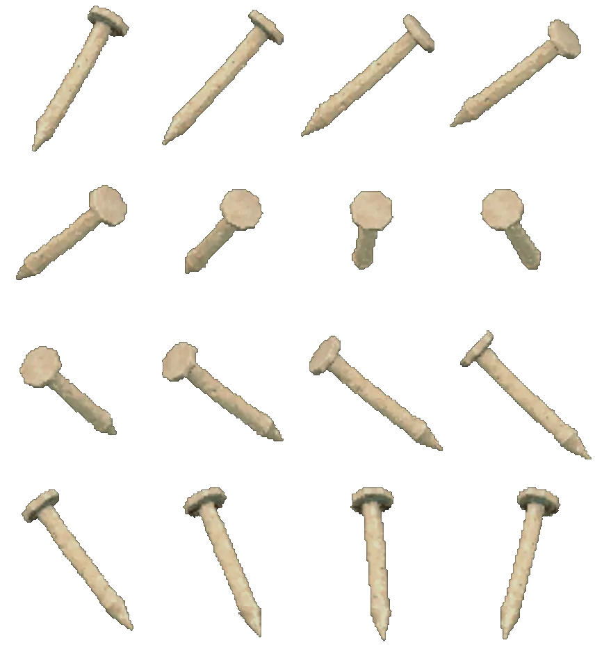 Nail, turning on itself: sixteen views rendered from the game itself.