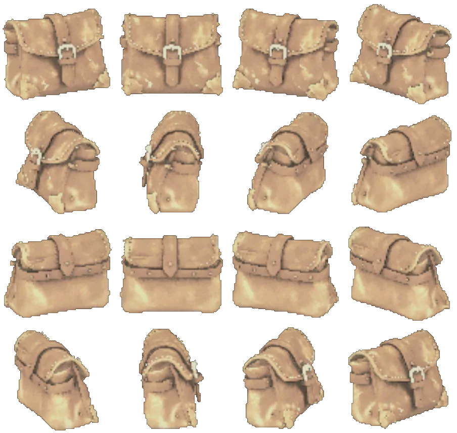 The purse, turning on itself: sixteen views rendered from the game itself.